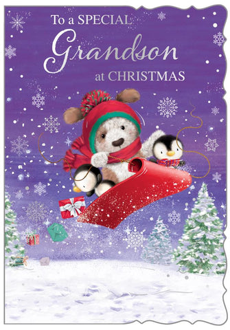 Grandson Christmas card - cute dog sledging