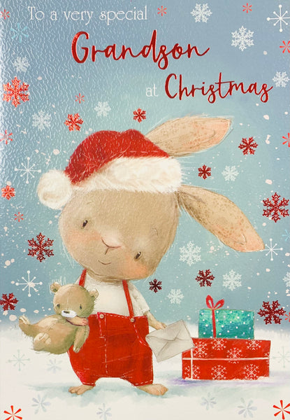 Grandson Christmas card - Cute Xmas rabbit