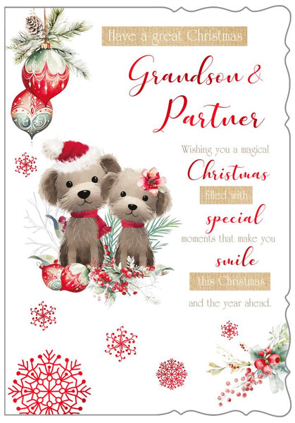Grandson & Partner Christmas card - cute dogs