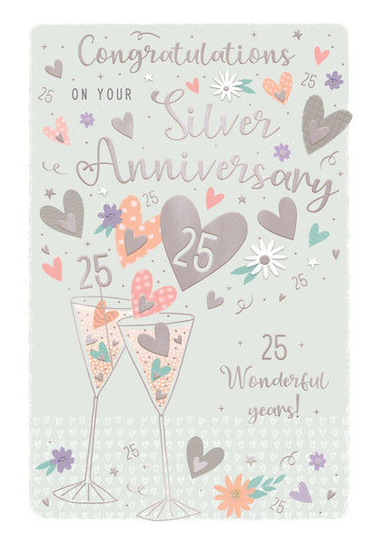 Silver anniversary card - modern hearts and glasses