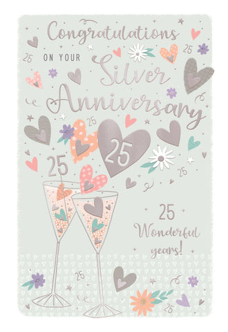 Silver anniversary card - modern hearts and glasses