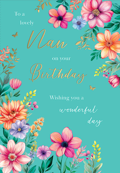 Nan birthday card - flowers and butterflies