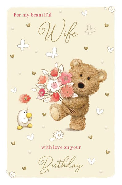 Wife birthday card- cute bear holding flowers
