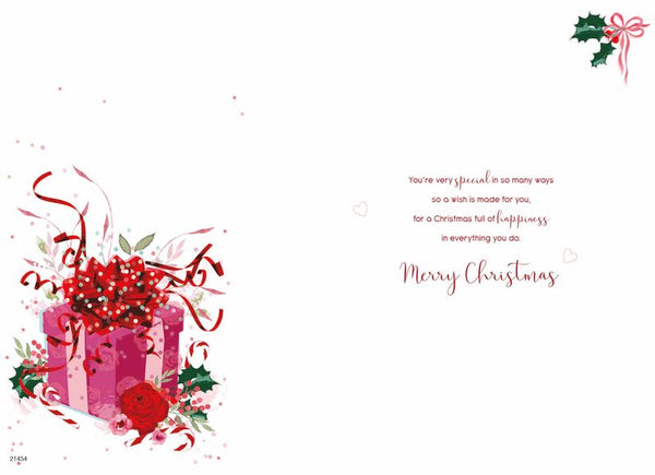 Sister Christmas card- Xmas gift and flowers