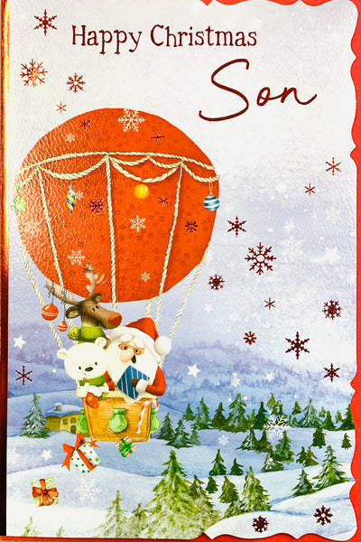 Son Christmas card - cute Santa balloon ride