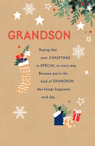 Grandson Christmas card - gifts and Xmas stocking
