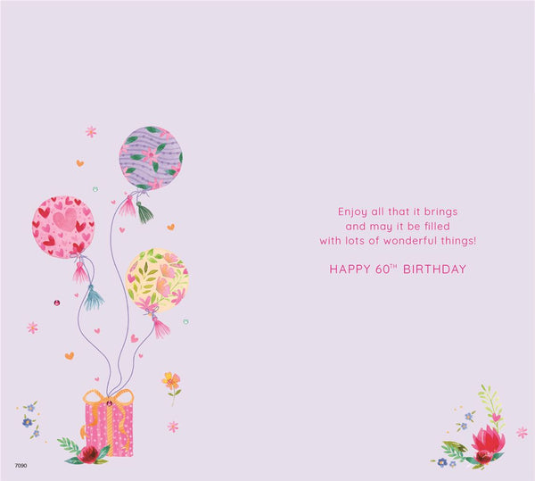 60th birthday card- balloons, fizz and flowers