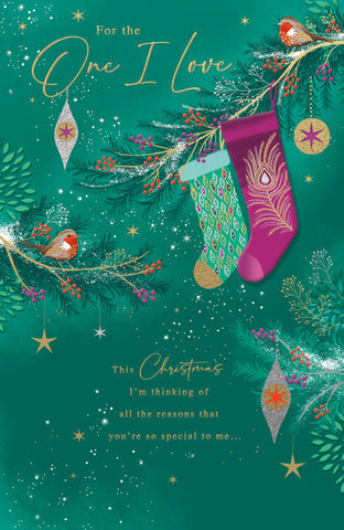 One I love Christmas card- Xmas tree and stockings