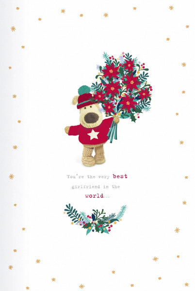 Girlfriend Christmas card - Boofle with Xmas flowers