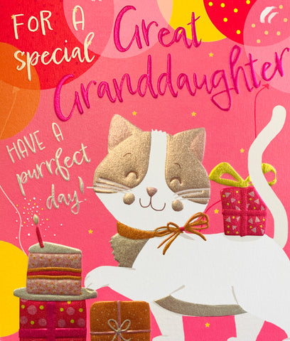 Great Granddaughter birthday card - birthday party cat