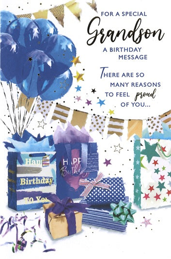 Grandson birthday card- birthday gifts and balloons