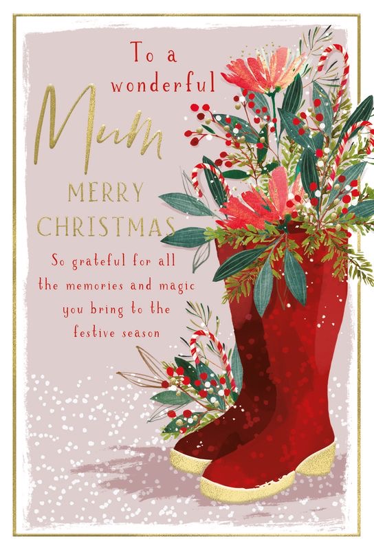 Mum Christmas card- Christmas flowers and wellies
