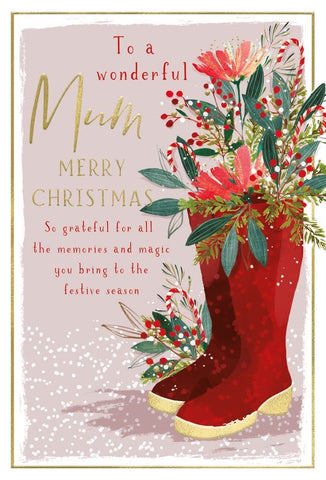 Mum Christmas card- Christmas flowers and wellies