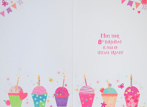 Age 8 birthday card - colourful cupcakes