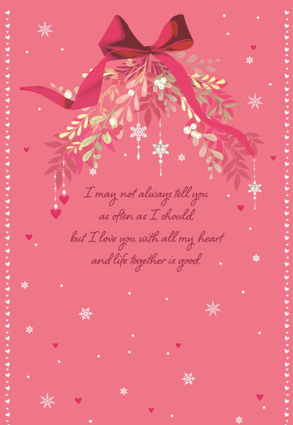 Wife Christmas Card – Hearts & Flowers, Large Greeting Card