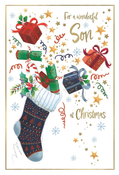 Son Christmas card- stocking and gifts