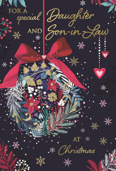 Daughter and Son-in-law cards - Xmas baubles and flowers
