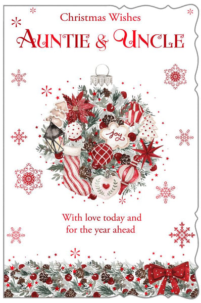 Auntie and Uncle Christmas card - floral Xmas bauble