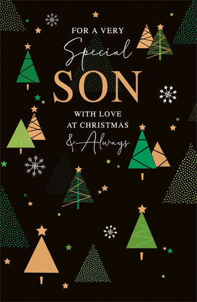 Son Christmas card - trees and snowflakes