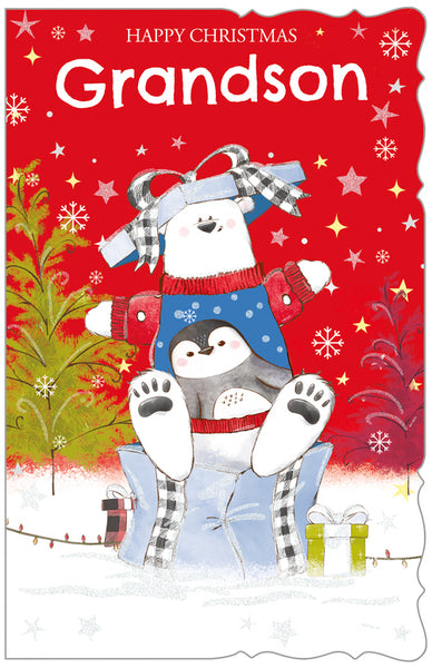 Grandson Christmas card - cute snow friends