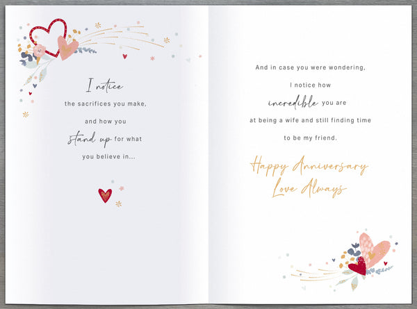 Luxury Wife anniversary card- hearts and flowers
