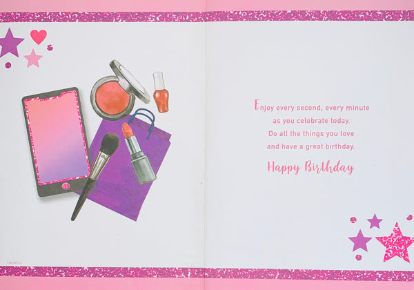 Age 13 birthday card - phone and makeup