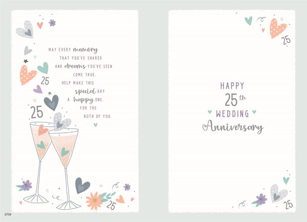 Silver anniversary card - modern hearts and glasses