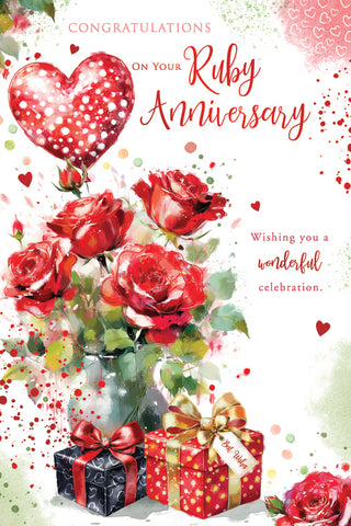 Ruby anniversary card - roses, hearts and balloons