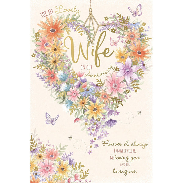 Wishing Well Wife Anniversary Card | Floral Heart Design | Golden Foil