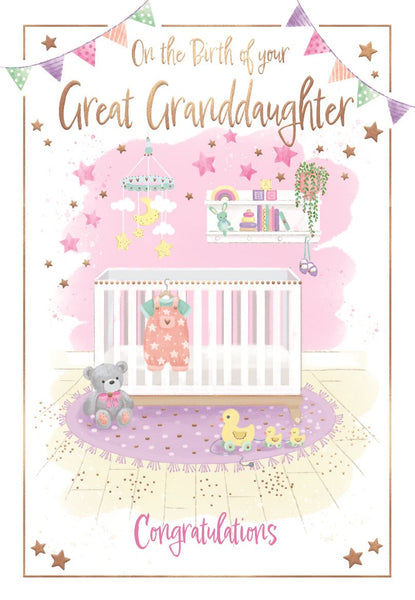 Great Granddaughter birth congratulations card - pink nursery