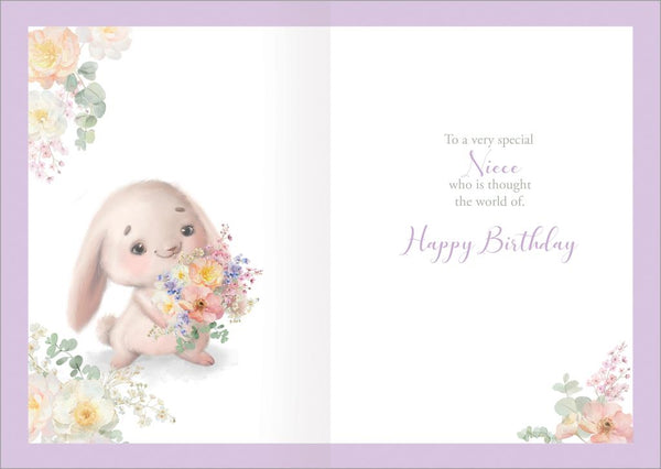 Niece birthday card- cute rabbit with flowers