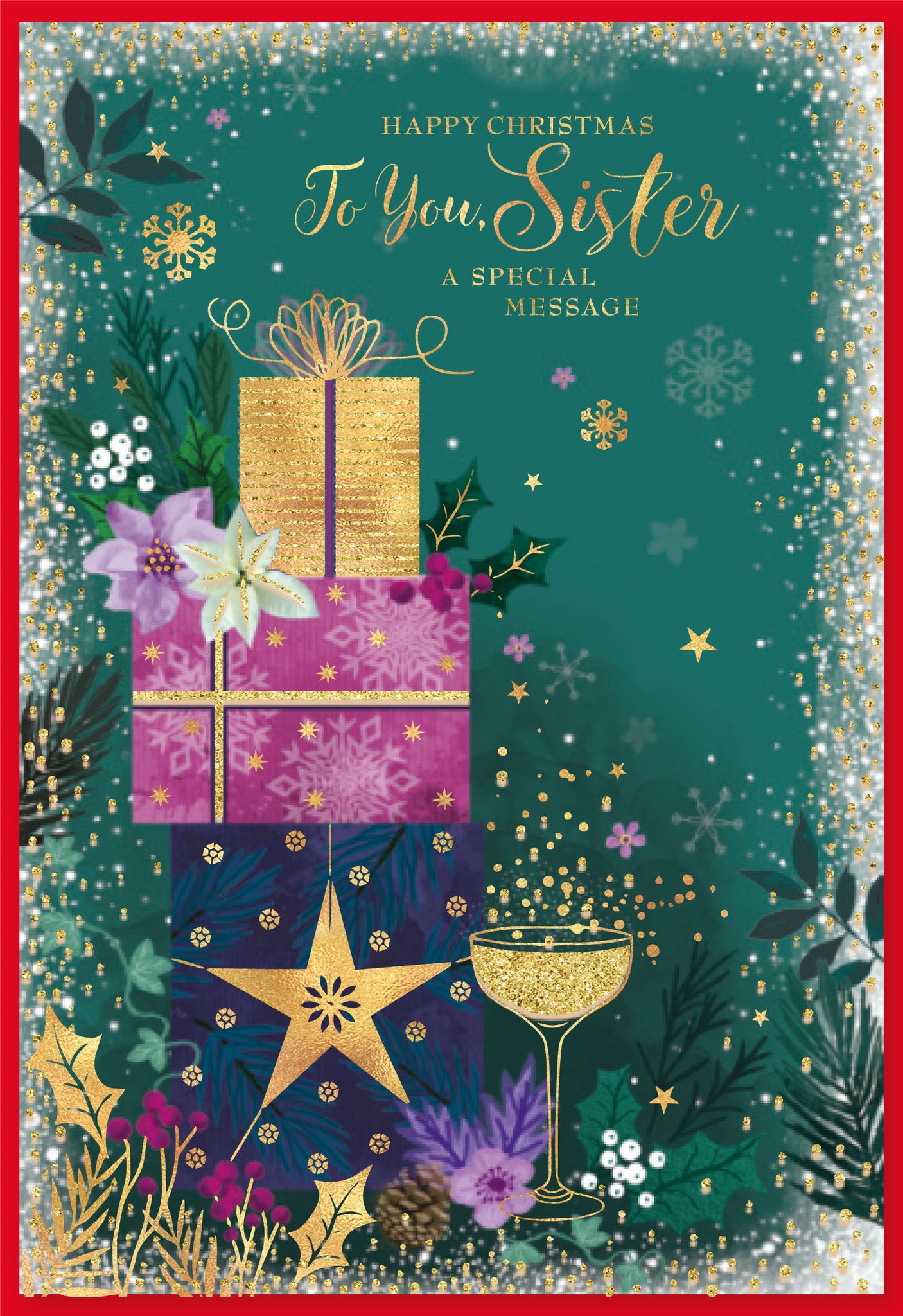 Sister Christmas card - xmas gifts and sparkling drink