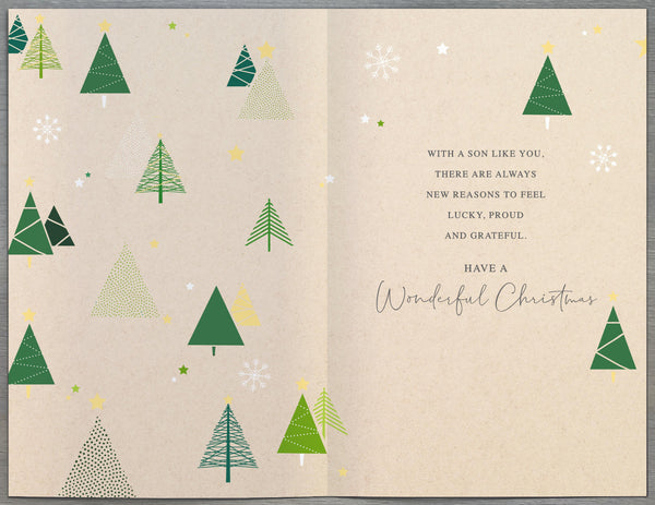 Son Christmas card - trees and snowflakes