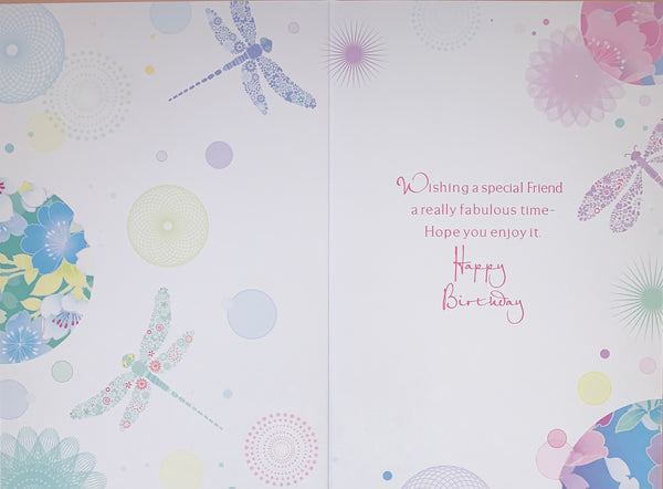 Friend birthday card - dragonflies and flowers