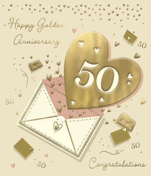 Golden wedding anniversary card - hearts and cards