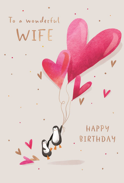 Wife birthday card- cute penguins holding heart balloons