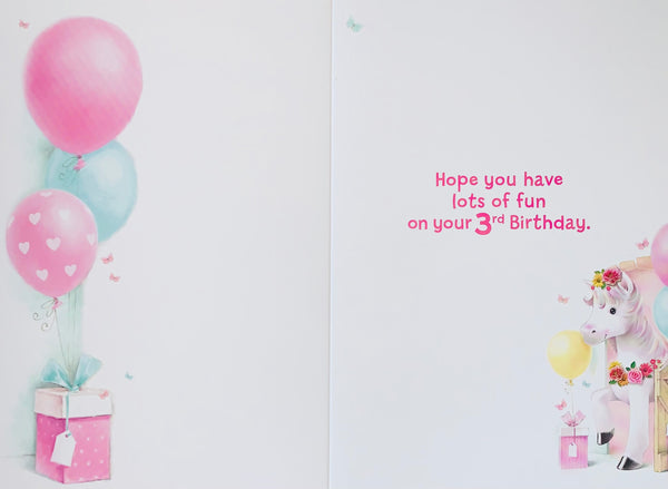 Age 3 birthday card - cute unicorn