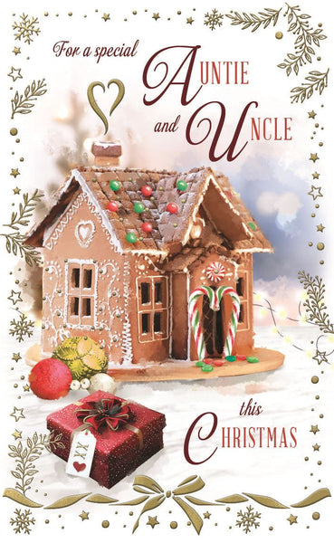 Auntie and Uncle Christmas card - Xmas gifts gingerbread cottage