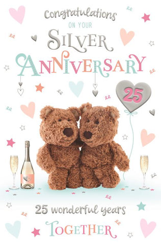 Silver anniversary card - cute bear couple