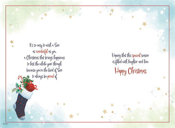 Son Christmas card- stocking and gifts