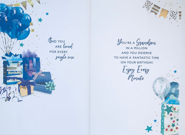Grandson birthday card- birthday gifts and balloons