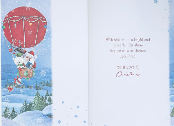Son Christmas card - cute Santa balloon ride