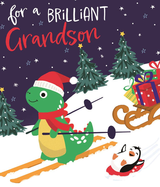 Grandson Christmas card- cute Xmas dinosaur