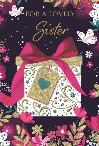 Sister birthday card - colourful gift and flowers