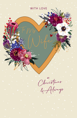 Luxury Wife Christmas card - hearts and flowers
