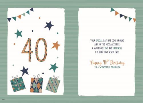 Grandson 40th birthday card - modern birthday stars