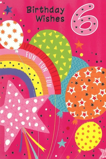 Age 6 birthday card - rainbows and balloons