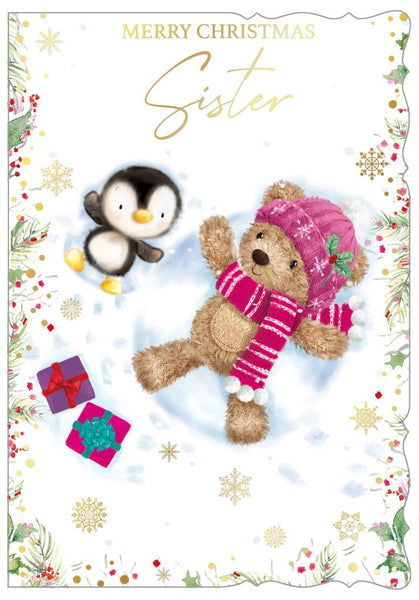 Sister Christmas card - cute Xmas bear