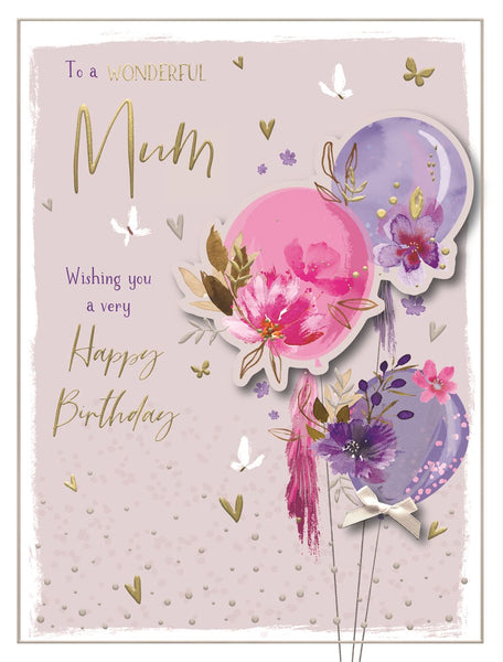 Mum birthday card - balloons and flowers - large card
