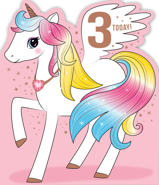 Age 3 birthday card - rainbow unicorn